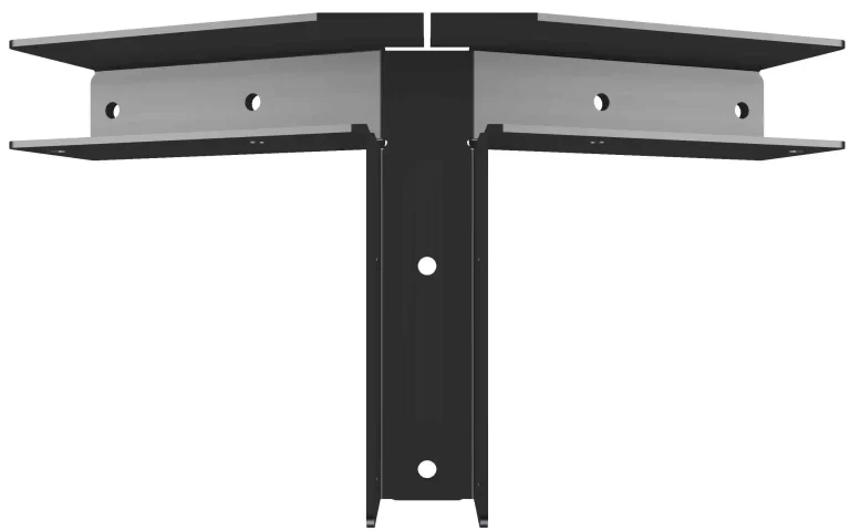 The 5-12 Pitch Gable End Truss Rafter Bracket is a black and gray metal corner bracket with screw holes, designed to join two beams at a right angle. It features three flat surfaces and is pictured against a white background.