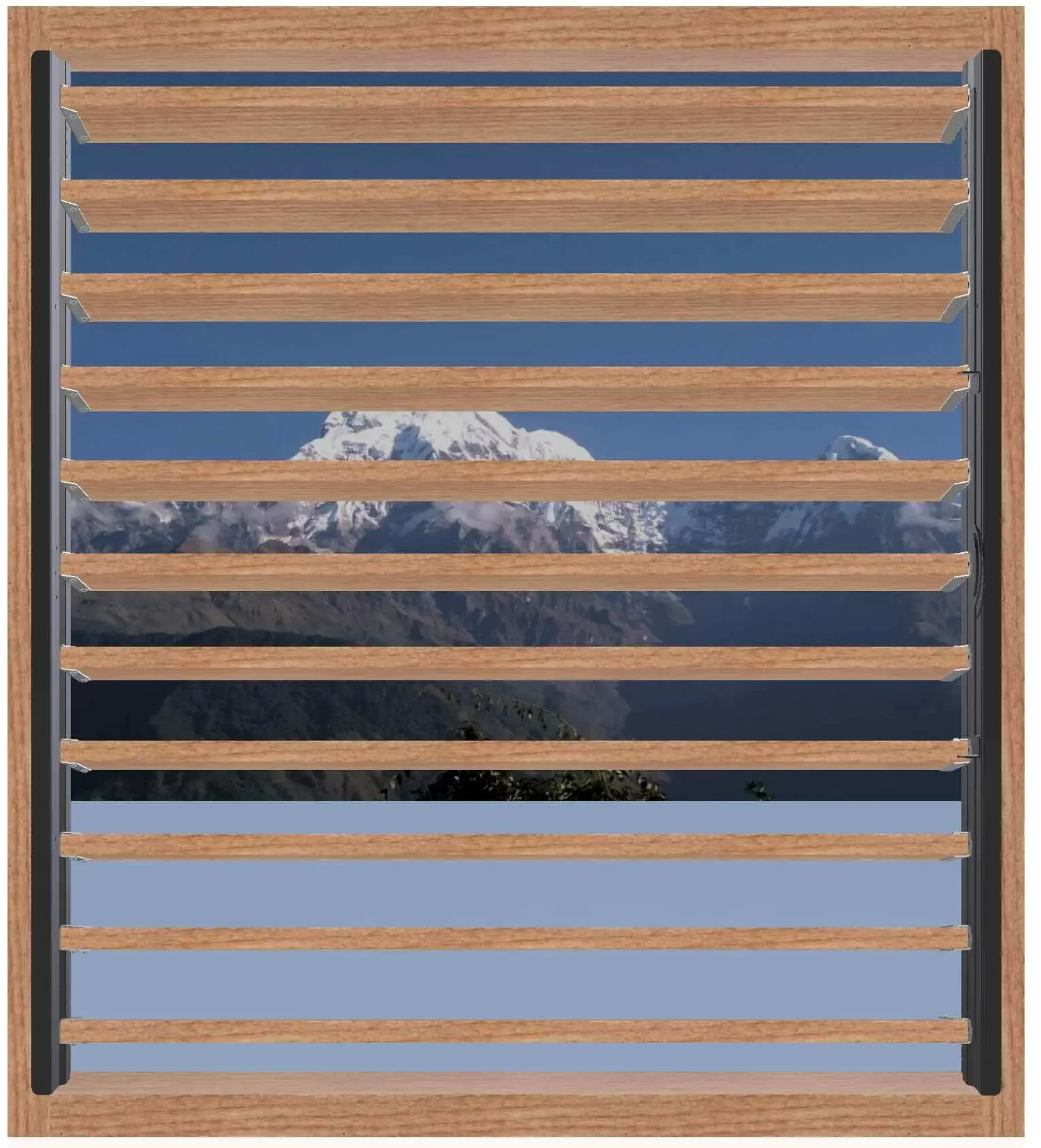 A snow-capped mountain range is visible through a Decorative 36 DIY Louver Kit, the horizontal louvers partially obscuring the scenic outdoor view.