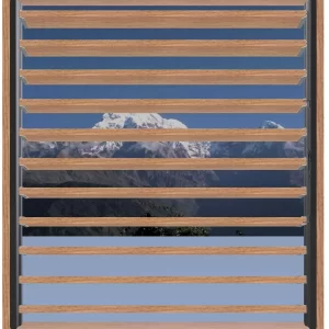 RL3636 A snow-capped mountain range is visible through a Decorative 36 DIY Louver Kit, the horizontal louvers partially obscuring the scenic outdoor view.