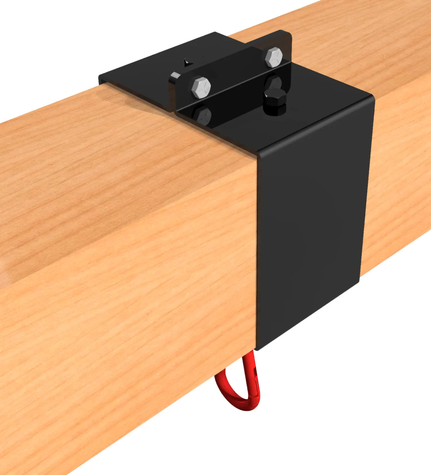 A 6x6 Swing and Chair Hanger Bracket Kit, in black, is clamped to a wooden beam with bolts, and a red carabiner is attached to its underside loop.