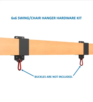 Illustration of the 6x6 Swing and Chair Hanger Bracket Kit installed on a wooden beam, showing two black metal brackets with red hooks. Blue text indicates that buckles are not included.