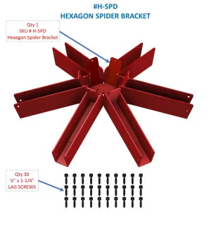 The hexagon spider bracket is shown with its features along with thirty lag screws arranged for assembly. Specifics include quantity and dimensions for each component.