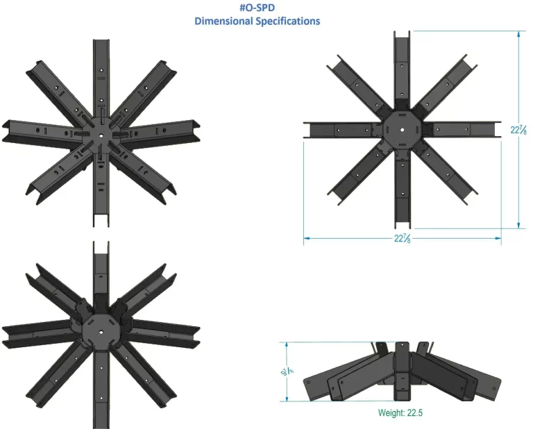 Technical diagram of a DIY Heavy Duty Iron Octagon Spider Bracket, star-shaped with eight arms. Labeled #0-SPD Dimensional Specifications: 22.5 wide, 6 high, weighs 22.5 lbs. Four viewing angles displayed.