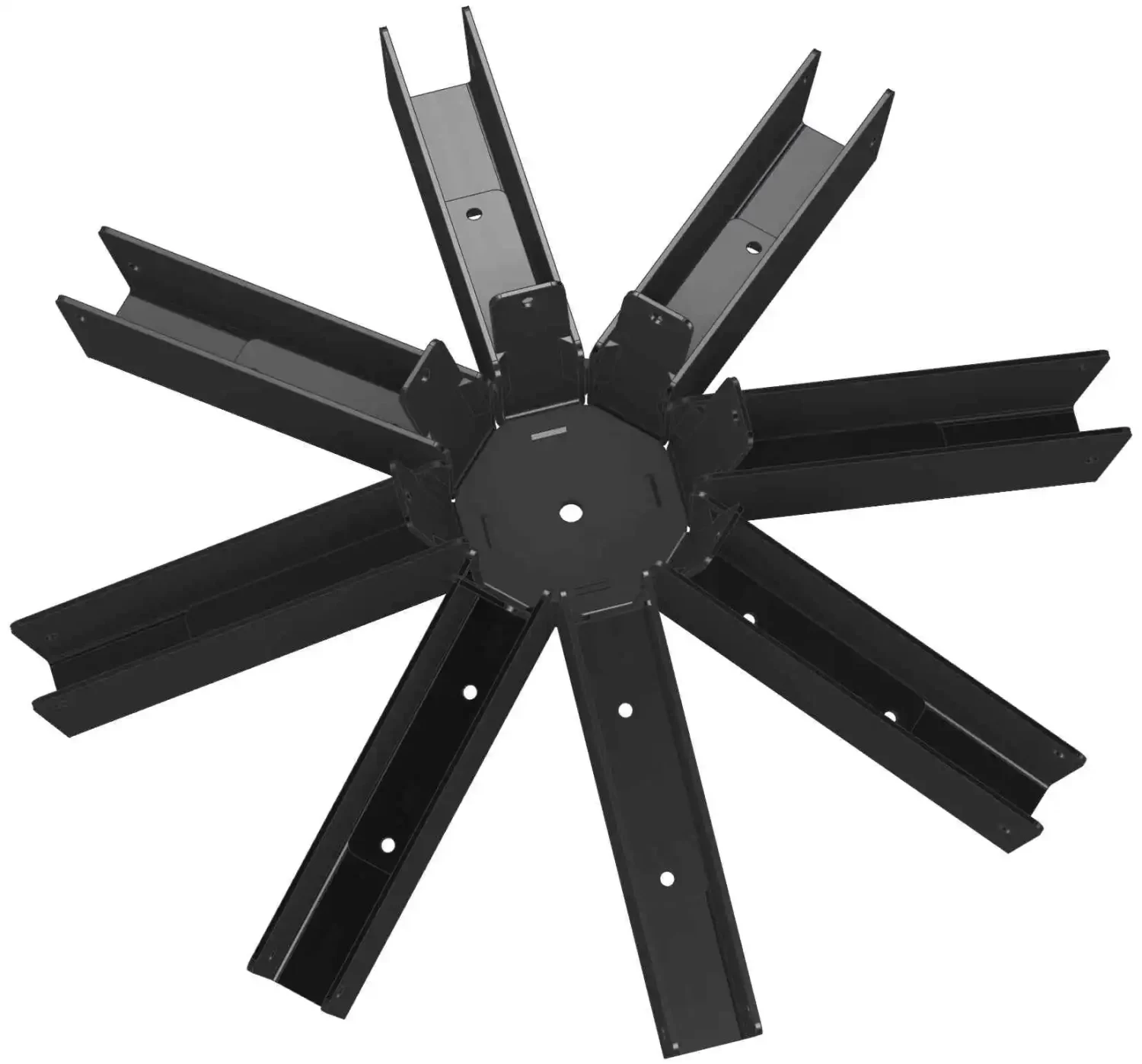 O-SPD1 The DIY Heavy Duty Iron Octagon Spider Bracket features a black metal design with eight evenly spaced, rectangular arms extending from a central hexagonal hub, creating a striking star or wheel spoke pattern.