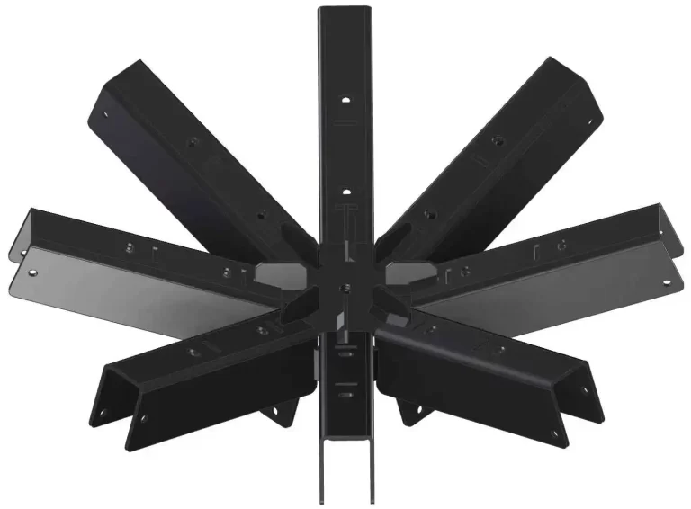 The DIY Heavy Duty Iron Octagon Spider Bracket is a black metal connector with multiple angled arms in a starburst pattern, designed for supporting and joining beams or posts in construction projects.