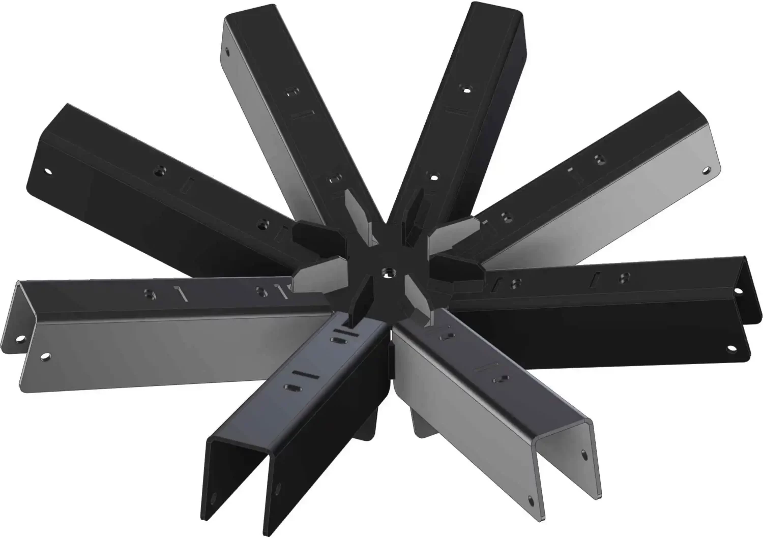 O-SPD3 The DIY Heavy Duty Iron Octagon Spider Bracket features eight metal L-brackets in alternating black and gray colors, joined at the center to form a unique octagonal, star-like structure.
