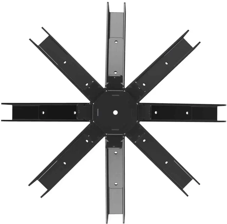 The DIY Heavy Duty Iron Octagon Spider Bracket is a black, metal bracket with eight straight, evenly spaced rectangular blades in a radial octagonal pattern around a central hub, resembling an octagon spider when viewed from above.