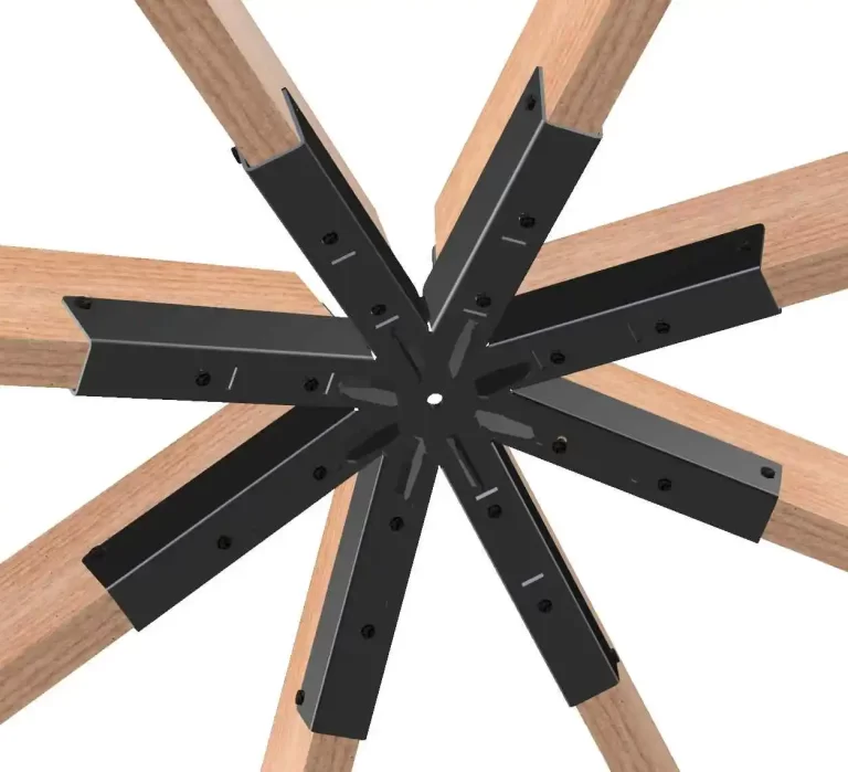 The DIY Heavy Duty Iron Octagon Spider Bracket connects six wooden beams in a star-shaped, symmetrical pattern radiating outward, creating a striking visual effect when viewed from above.