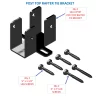 The Gable Roof Brackets Kit, 4-12 Pitch, Universal Width is shown in black metal with labeled parts. Four ½” x 1-1/4” lag screws and two ½” x 2” lag screws are arranged beside it, identified by text and arrows for easy DIY use.