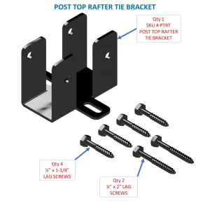 The Gable Roof Brackets Kit, 4-12 Pitch, Universal Width is shown in black metal with labeled parts. Four ½” x 1-1/4” lag screws and two ½” x 2” lag screws are arranged beside it, identified by text and arrows for easy DIY use.