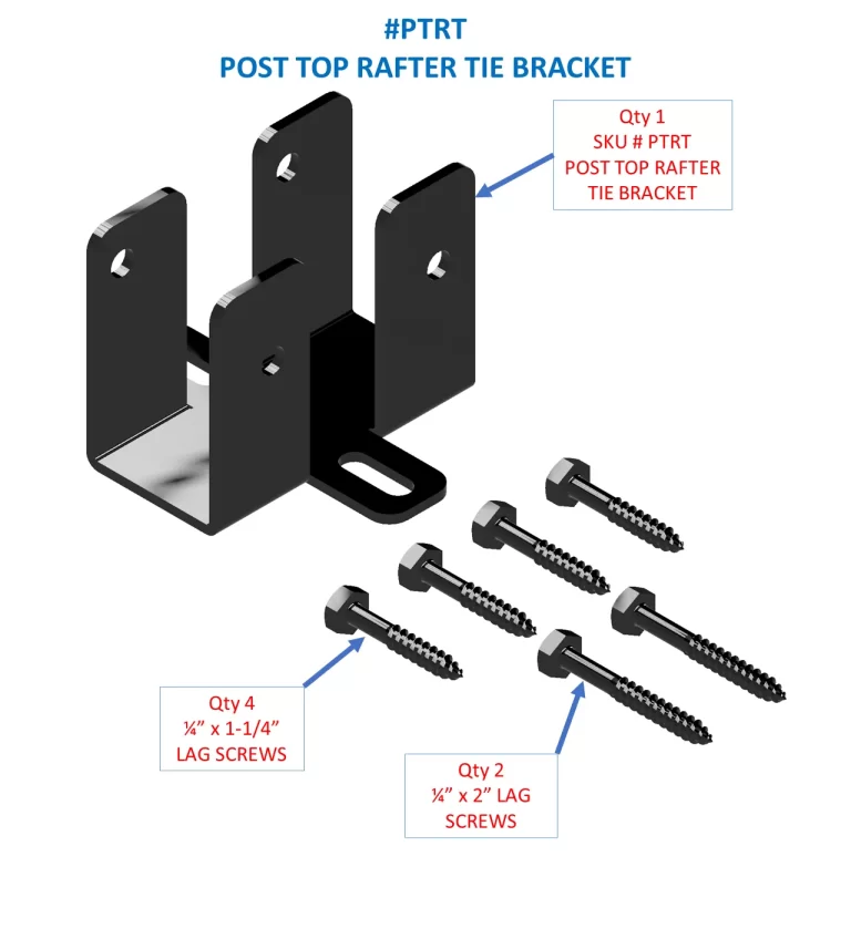 The Gable Roof Brackets Kit, 4-12 Pitch, Universal Width is shown in black metal with labeled parts. Four ½” x 1-1/4” lag screws and two ½” x 2” lag screws are arranged beside it, identified by text and arrows for easy DIY use.