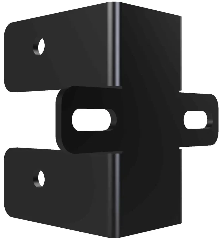 The DIY Rafter Tie Bracket is a black metal right-angle bracket featuring four horizontal mounting holes and a central slot, ideal for structural support or roof construction projects.
