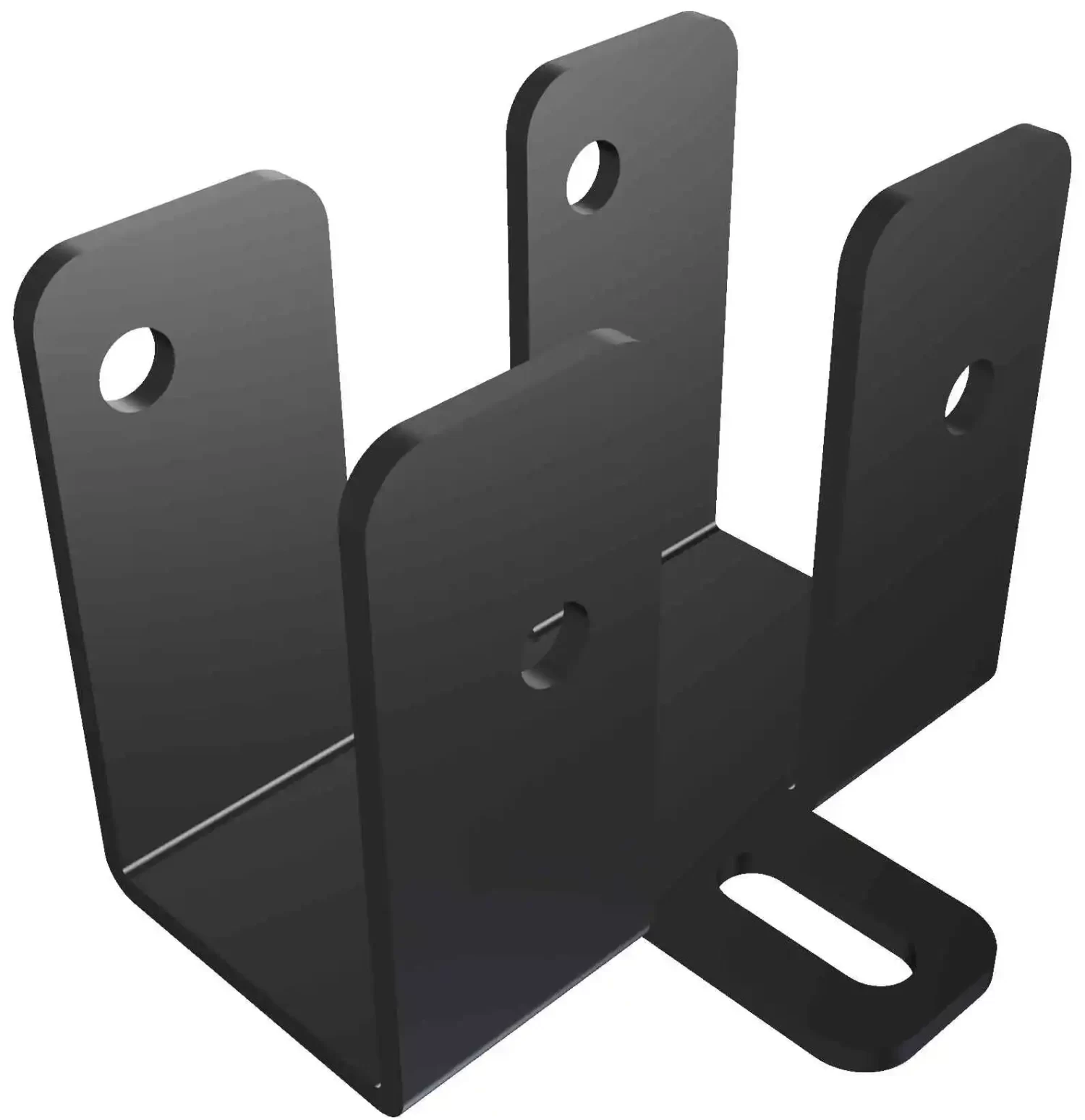 PTRT4 3D render of the DIY Rafter Tie Bracket in black metal, featuring four vertical plates with circular holes and a base with an elongated oval slot—perfect for DIY roof bracket projects.
