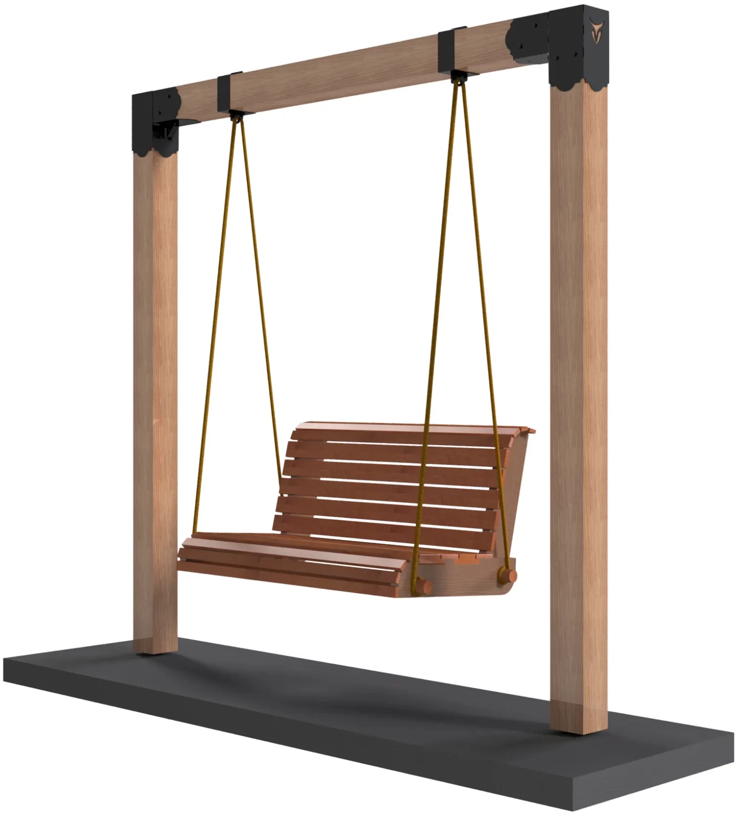A wooden porch swing with slatted seating hangs by yellow ropes and the 6x6 Swing and Chair Hanger Bracket Kit from a rectangular wooden frame, all set on a flat, dark platform.