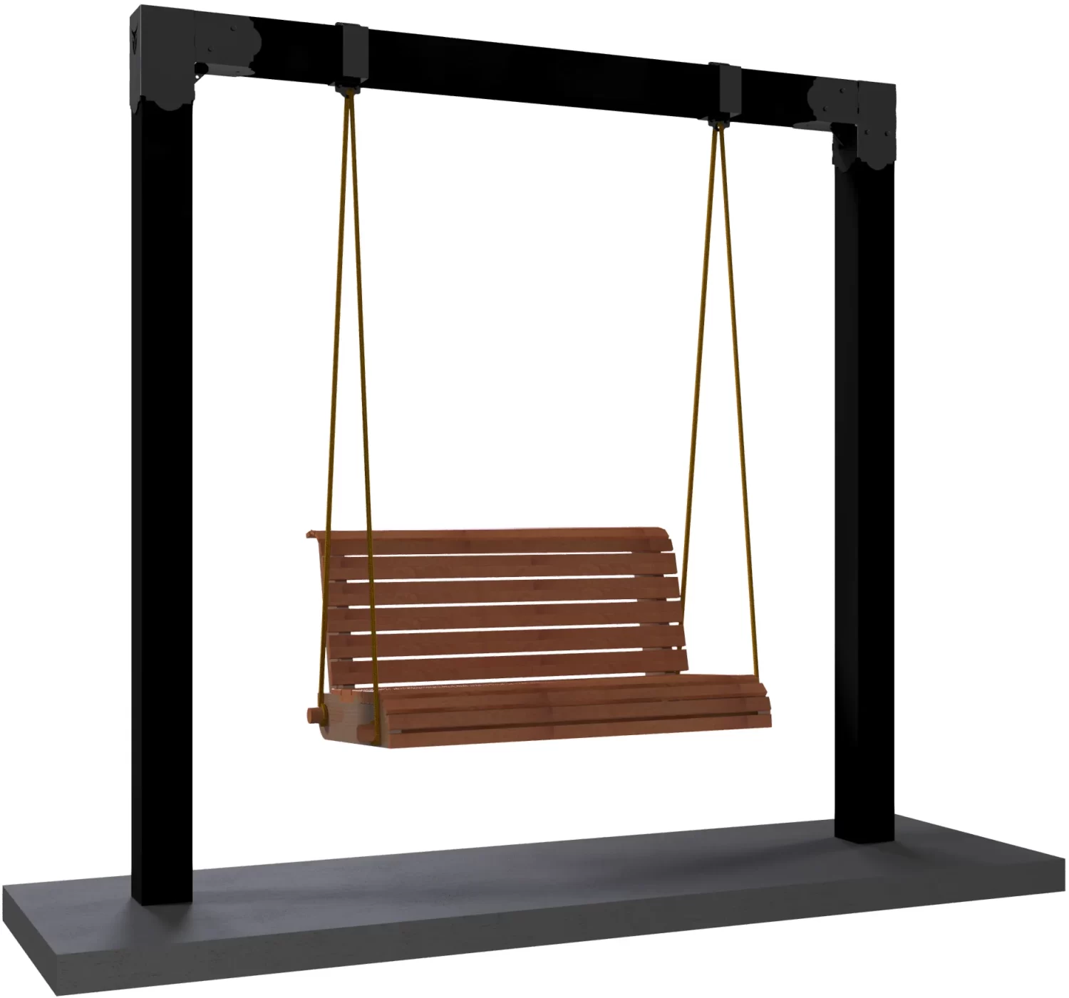 A wooden porch swing with horizontal slats hangs from ropes on a sturdy black metal frame, securely supported by the 6x6 Swing and Chair Hanger Bracket Kit mounted on a rectangular base.