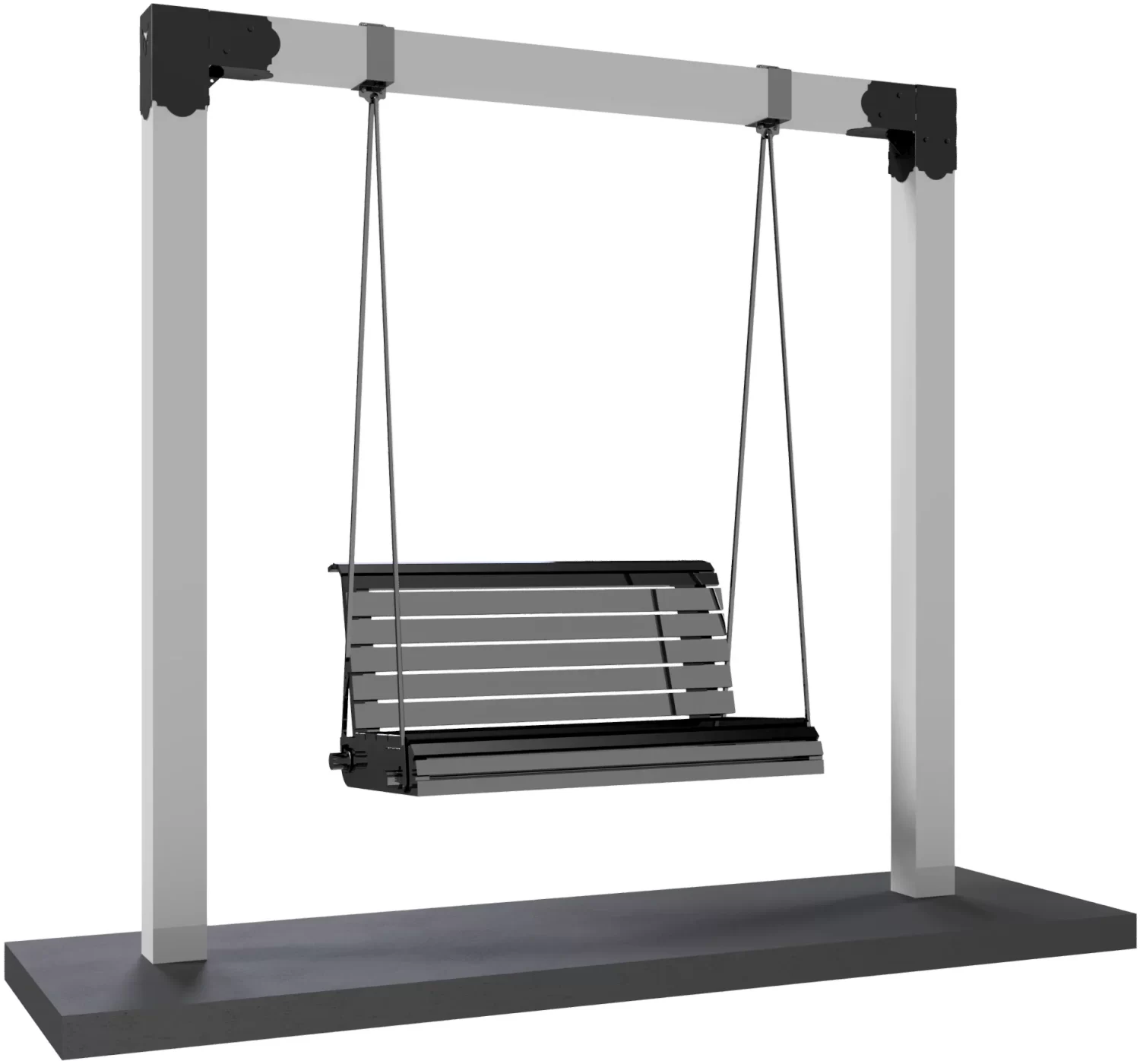 A modern black and gray porch swing with a slatted seat and backrest, suspended by cables and a durable 6x6 Swing and Chair Hanger Bracket Kit from a sturdy rectangular frame mounted on a flat base.