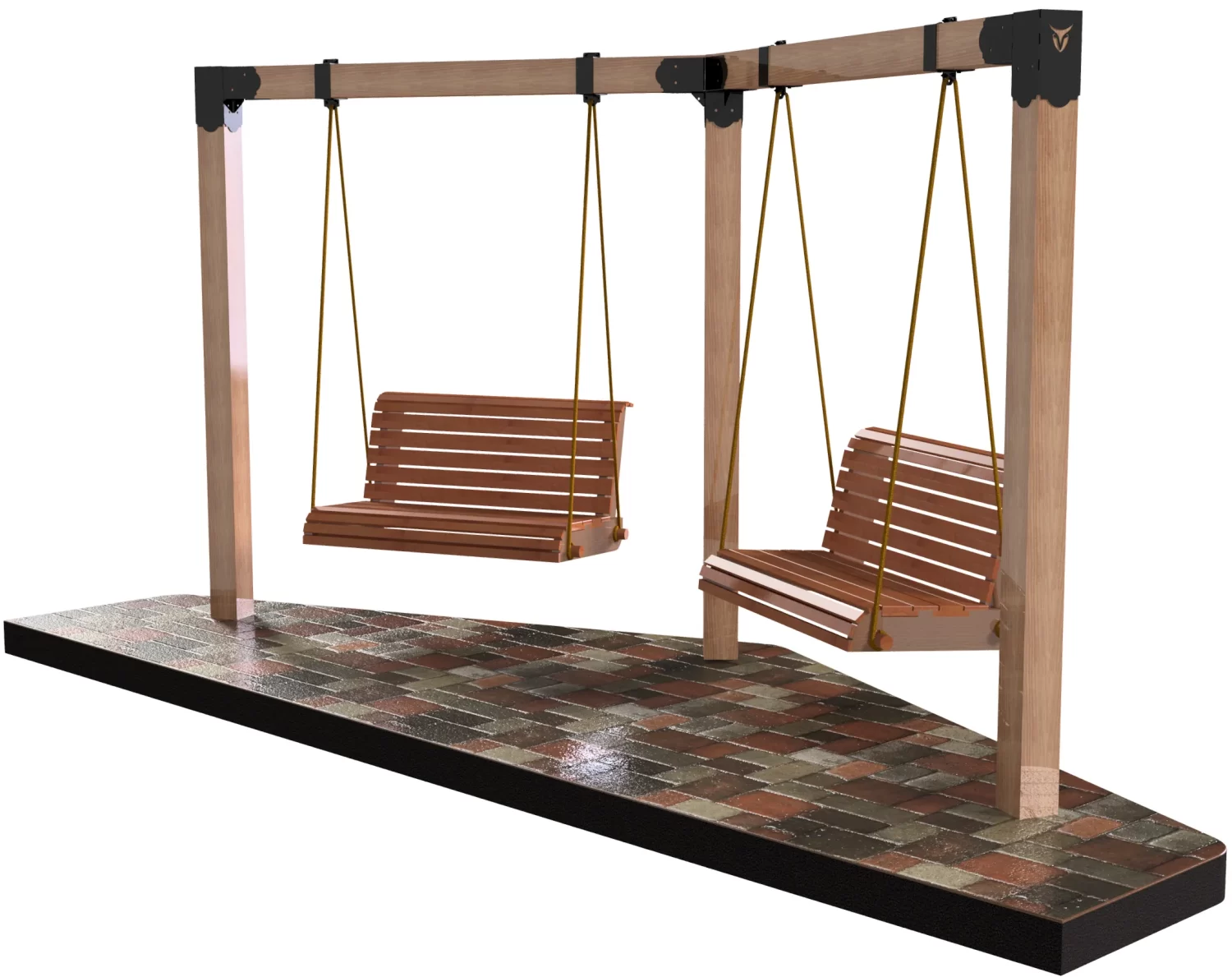 Two wooden swings with slatted seats hang from a sturdy frame using the 6x6 Swing and Chair Hanger Bracket Kit, set on a slanted, multicolored brick platform with a black border. The swings are suspended by yellow ropes.