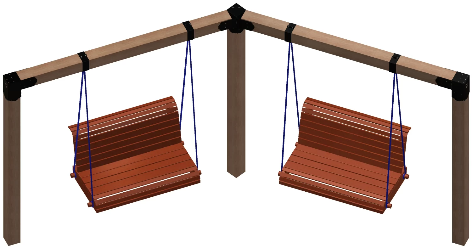 Two wooden porch swings with slatted seats hang from blue ropes on a corner wooden frame, secured by the 6x6 Swing and Chair Hanger Bracket Kit. The swings are positioned to face away from each other at a right angle.