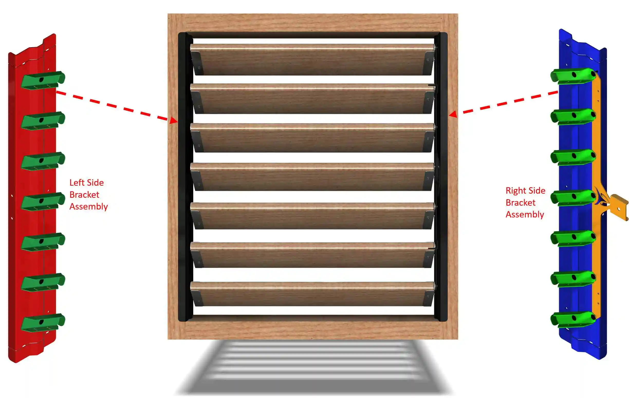 A modular louver kit assembly system featuring a wooden frame with horizontal slats and distinct left and right bracket assemblies positioned for easy installation and adjustment.