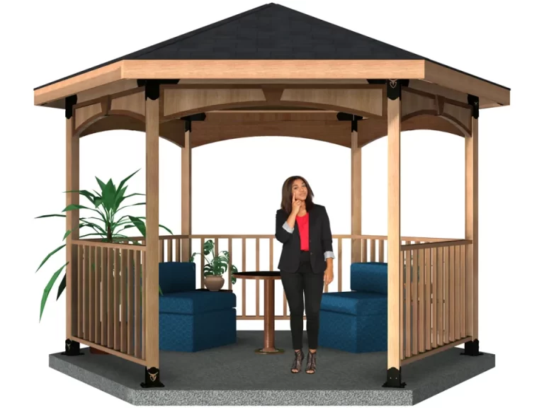A woman relaxes in a hexagon gazebo, accompanied by a table and chairs, creating a peaceful atmosphere.