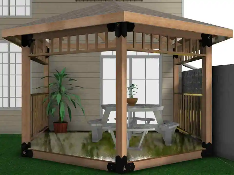 The wooden gazebo features a picnic table and a potted plant, creating a cozy outdoor dining area in a neatly maintained backyard.