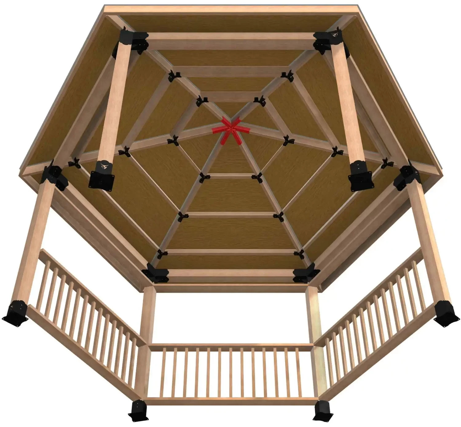 The wooden gazebo features a hexagonal shape with sturdy railings, providing a shaded open space for relaxation or gatherings in a sunny outdoor environment.