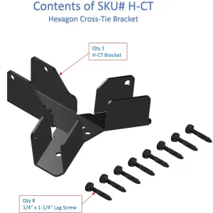 Illustration shows the Hexagon CrossTie Bracket (black) and eight 1/4 x 1-1/4 lag screws arranged below it.