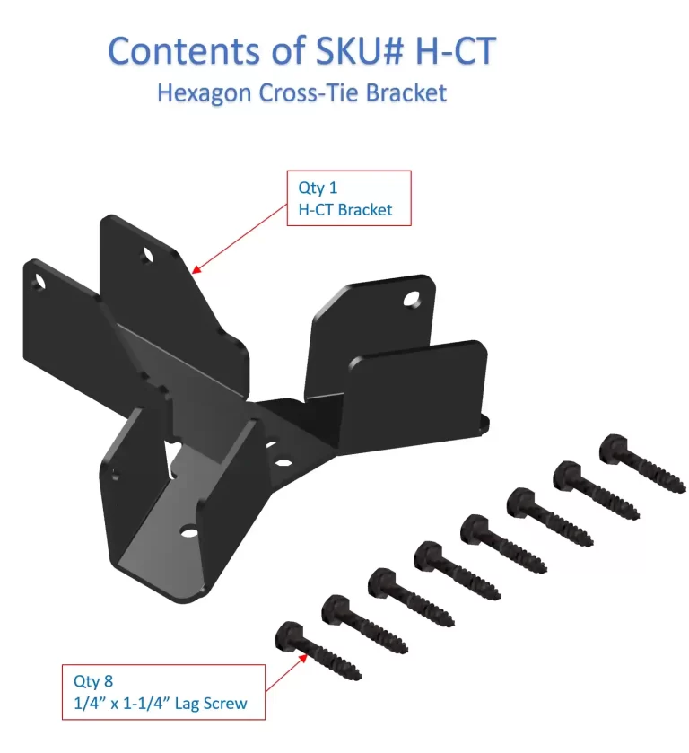 Illustration shows the Hexagon CrossTie Bracket (black) and eight 1/4 x 1-1/4 lag screws arranged below it.