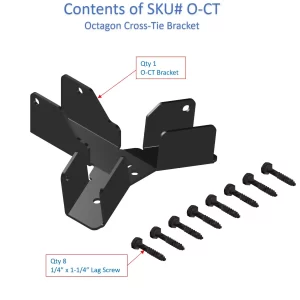 An illustration displays the contents of the Heavy Duty Octagon CrossTie Bracket: one bracket and eight 1/4 x 1-1/4 lag screws, with each item clearly labeled by quantity.