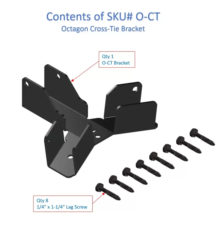 An illustration displays the contents of the Heavy Duty Octagon CrossTie Bracket: one bracket and eight 1/4 x 1-1/4 lag screws, with each item clearly labeled by quantity.