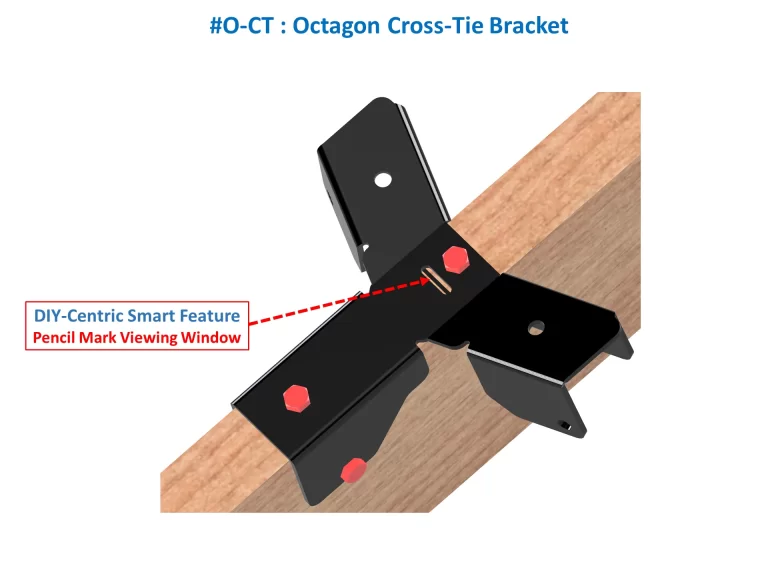 A Heavy Duty Octagon CrossTie Bracket in black with red bolts is mounted on a wooden beam. Its DIY-friendly Pencil Mark Viewing Window is showcased as a smart, practical feature.