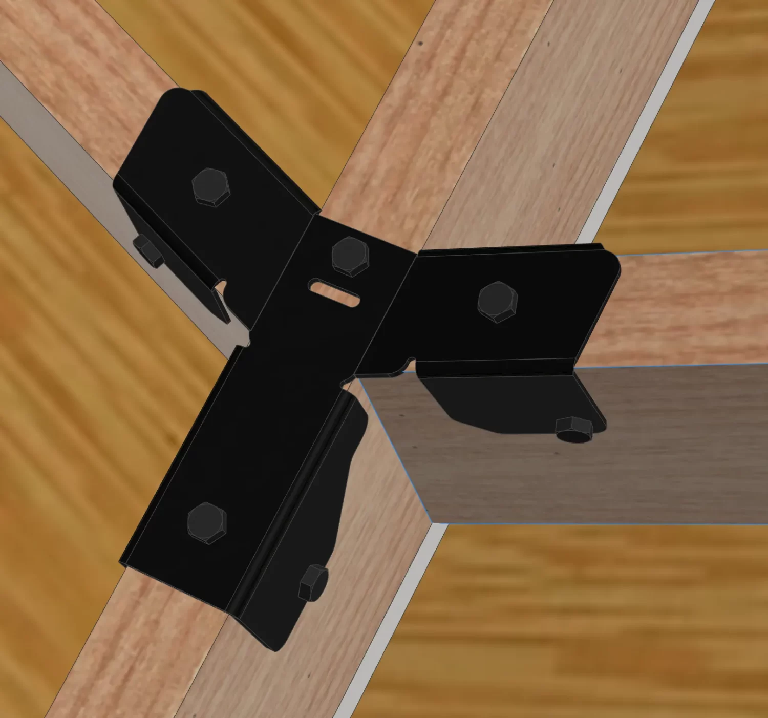 O-CT5 Top-down view of the Heavy Duty Octagon CrossTie Bracket joining three wooden beams at right angles with bolts over a wooden floor. The bracket secures the beams in a sturdy, interlocking configuration.