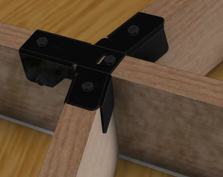 An overhead view shows a Heavy Duty Octagon CrossTie Bracket in black metal connecting two wooden beams at a right angle with bolts, all positioned on a wooden floor.