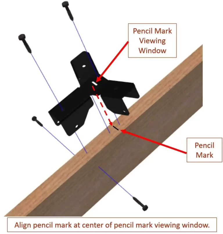 OC-T PENCIL MARK Illustration shows the black Heavy Duty Octagon CrossTie Bracket being aligned with a pencil mark on a wooden board. Arrows and labels highlight the Pencil Mark Viewing Window and show how to center the pencil mark within it.