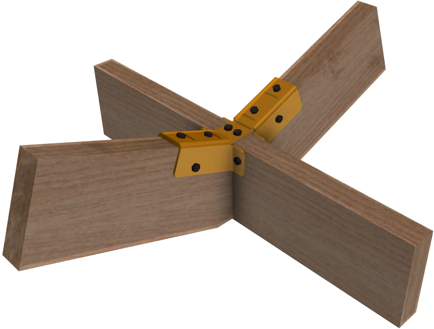 This detailed depiction illustrates a three-way wooden joint held together by a sturdy metal connector, highlighting essential woodworking assembly methods and techniques.