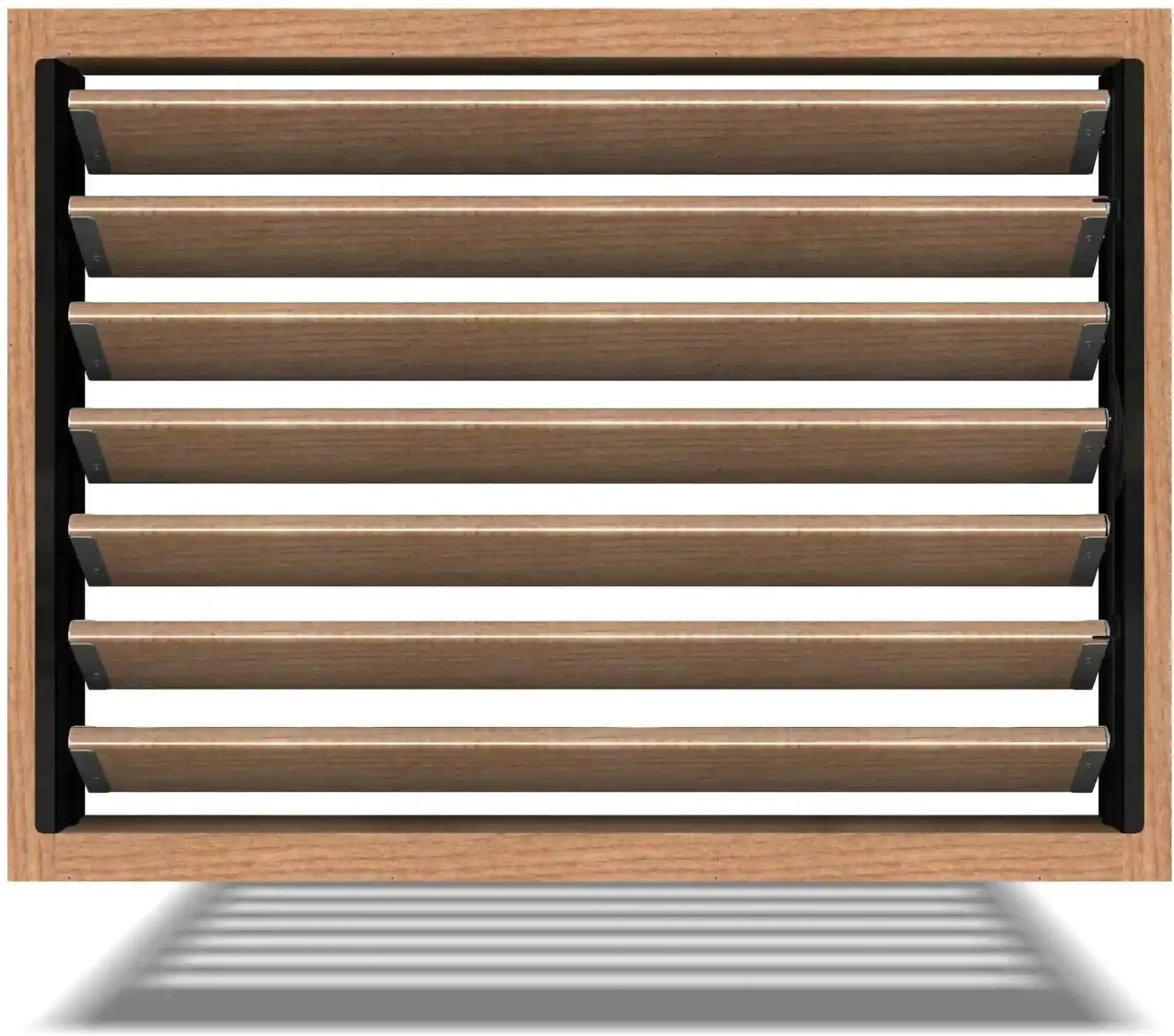 A close-up image of a louver kit with horizontal slats. The shutter is closed and casting a shadow on the wall below it. The shutter is made of a light wood with black metal accents.