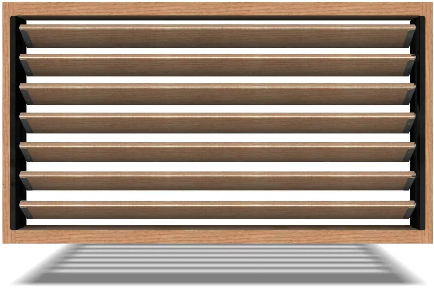 A close-up image of a louver kit with horizontal slats. The shutter is closed and casting a shadow on the wall below it. The shutter is made of a light wood with black metal accents.