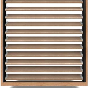 RL36 x 36 The Decorative 36 DIY Louver Kit features a wooden frame with multiple angled white slats resembling a modern air vent or louvered panel, casting a distinctive shadow below.