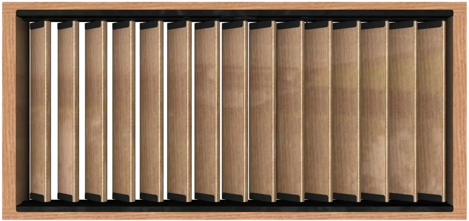 RL48 -V1 A close-up image of a louver kit with horizontal slats. The shutter is closed and casting a shadow on the wall below it. The shutter is made of a light wood with black metal accents.