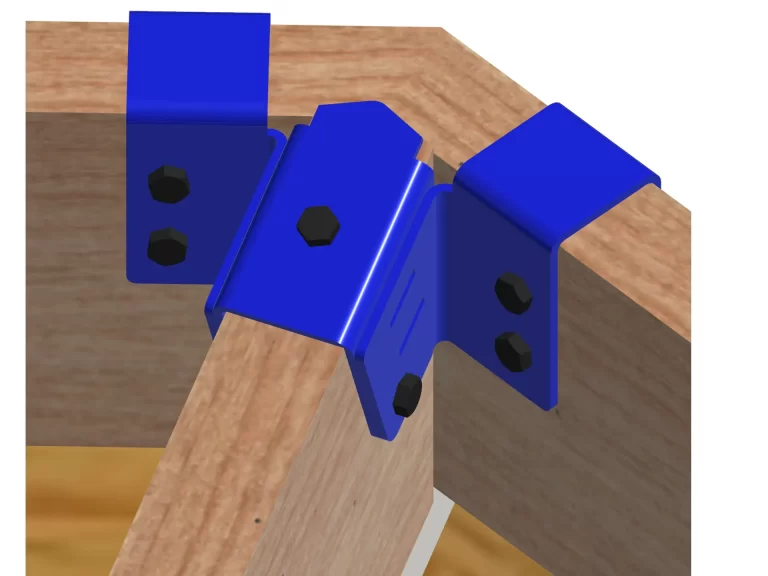 a metallic bracket is securely fastened to a wooden beam, providing sturdy support in a construction workshop environment, demonstrating functional design.