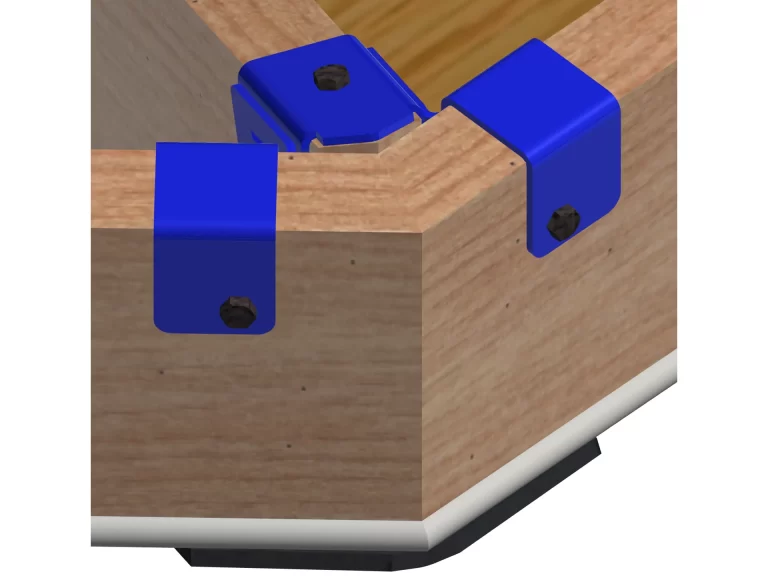 a metallic bracket is securely fastened to a wooden beam, providing sturdy support in a construction workshop environment, demonstrating functional design.