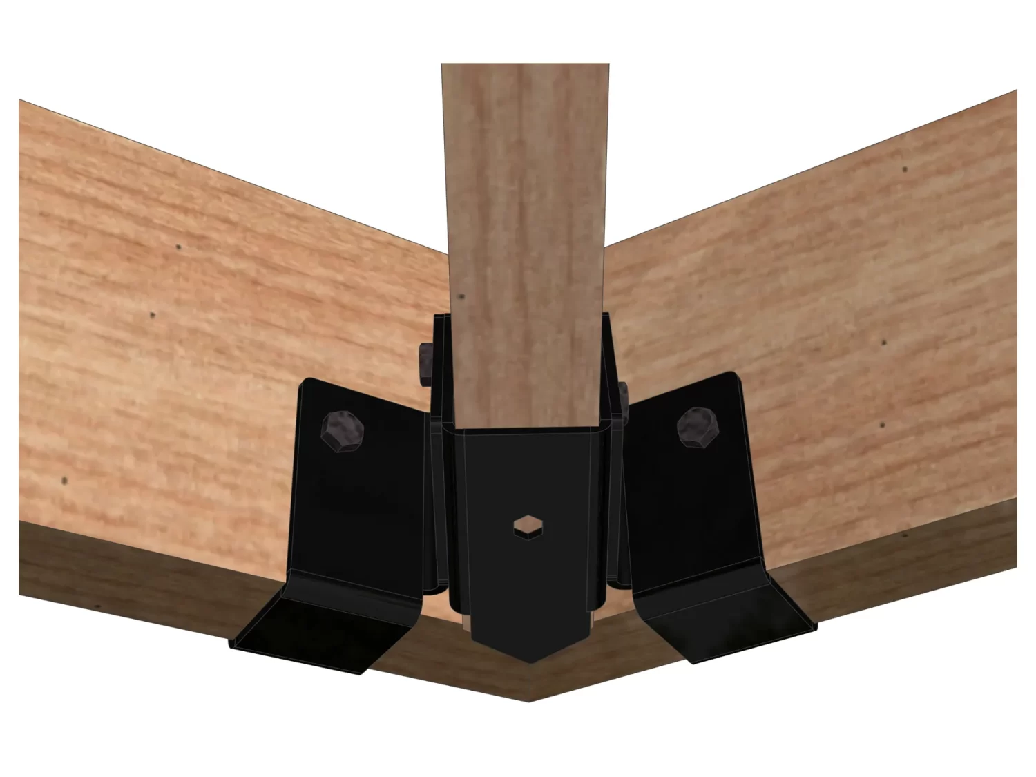 H-RST-6 a metallic bracket is securely fastened to a wooden beam, providing sturdy support in a construction workshop environment, demonstrating functional design.