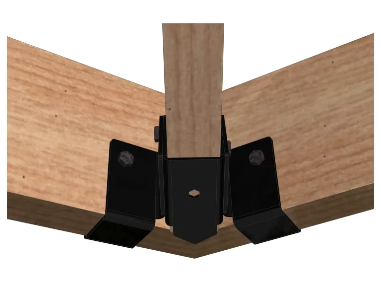 a metallic bracket is securely fastened to a wooden beam, providing sturdy support in a construction workshop environment, demonstrating functional design.
