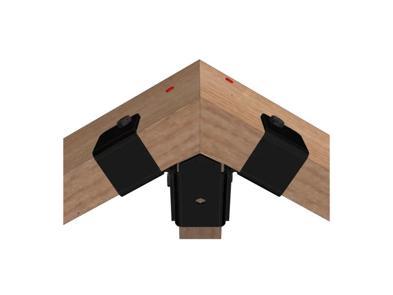 a metallic bracket is securely fastened to a wooden beam, providing sturdy support in a construction workshop environment, demonstrating functional design.