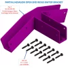 A purple 5-12 Pitch Gable End Truss Rafter Bracket with 14 black ½ x 1-1/4 lag screws arranged below it. Text labels specify the bracket SKU and screw quantity.