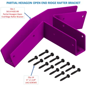 HOE-RR SHOP IMAGE A purple 5-12 Pitch Gable End Truss Rafter Bracket with 14 black ½ x 1-1/4 lag screws arranged below it. Text labels specify the bracket SKU and screw quantity.