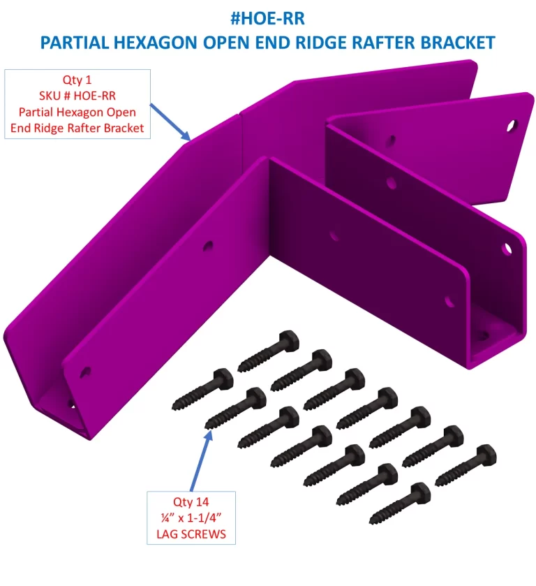 HOE-RR SHOP IMAGE A purple 5-12 Pitch Gable End Truss Rafter Bracket with 14 black ½ x 1-1/4 lag screws arranged below it. Text labels specify the bracket SKU and screw quantity.