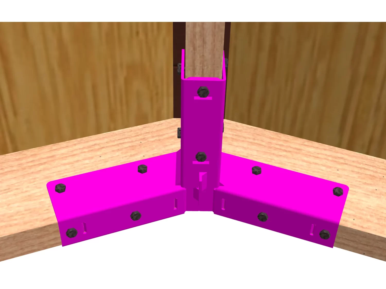 A 3D-rendered image shows two wooden beams joined at a right angle with a vertical post, secured by bright pink 5-12 Pitch Gable End Truss Rafter Brackets and black screws, against a wood-paneled background.