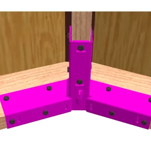 OOE-RR5 A 3D-rendered image shows two wooden beams joined at a right angle with a vertical post, secured by bright pink 5-12 Pitch Gable End Truss Rafter Brackets and black screws, against a wood-paneled background.