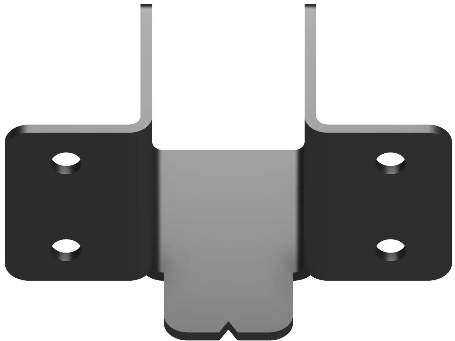 The Butt Joint Bracket, Heavy Duty, is a black metal bracket with four mounting holes and a central channel. Its U-shaped top and notched bottom provide secure butt joint connections. Front view highlights its robust construction.